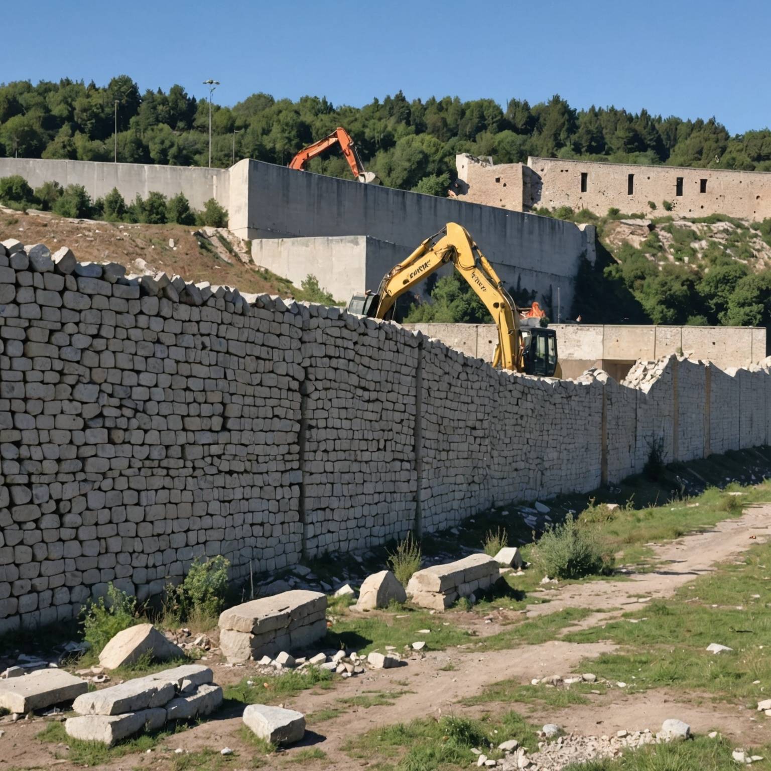 Démolition d'un mur d'enceinte de la gendarmerie